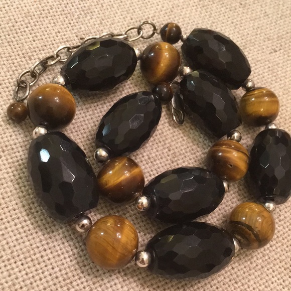 Tigers Eye & Black Bead Necklace Sterling Clasp - Picture 3 of 8